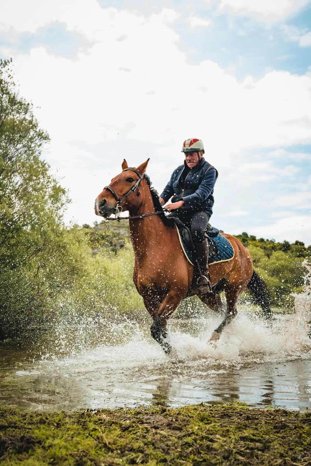 Jinete a caballo galopando por el agua. MAC Estudio